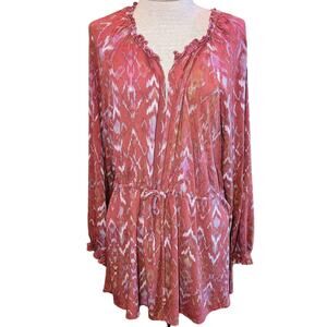Torrid Ikat Print Top Red Size 4X Tie Waist Long Balloon Sleeve Boho Peasant